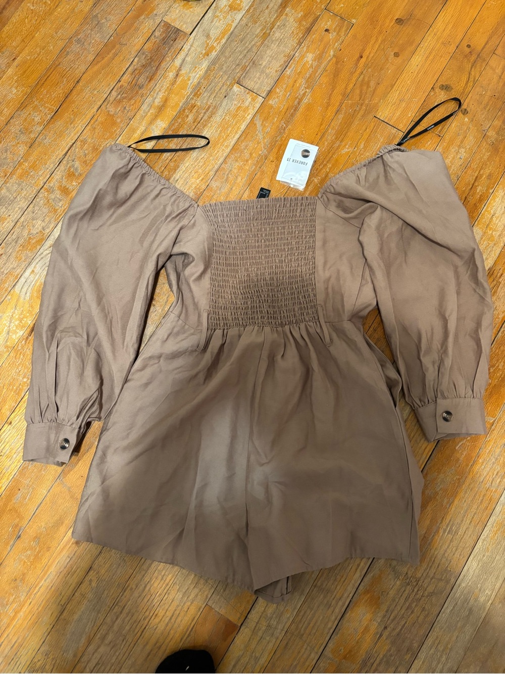 Forever 21 Taupe Smocked Off-Shoulder Long Sleeve Tunic